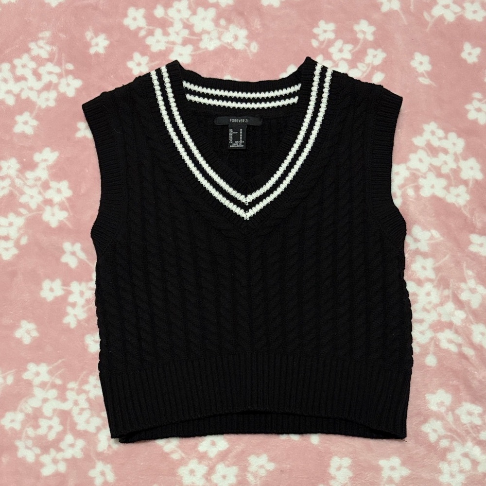 Forever 21 Black Cable Knit V-Neck Sweater Vest with White Stripe Trim